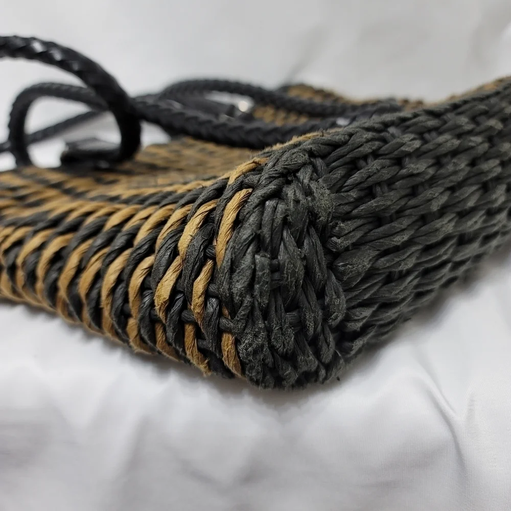 Vintage Brighton Raffia Straw Leather Trim Shoulder Bag - Black & Tan - Picture 9 of 16